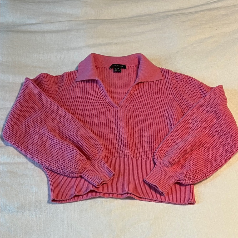 100% Cotton French Connection Hot Pink Collared V-Neck Knit Sweater